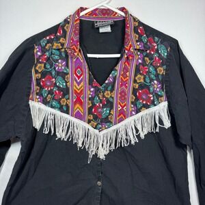 Vintage Ozark‎ Mountain Western Shirt Fringe Floral Embroidered Button Up Sz M
